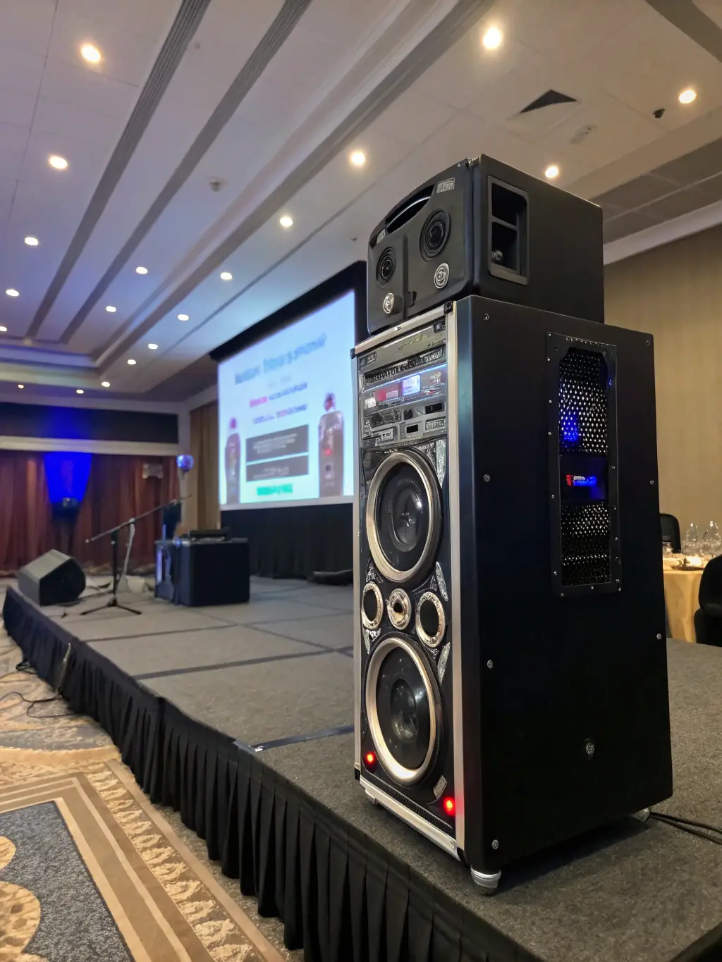 A photo of a sleek, modern PA system being used at a corporate product launch event, highlighting its ease of use and aesthetic appeal.