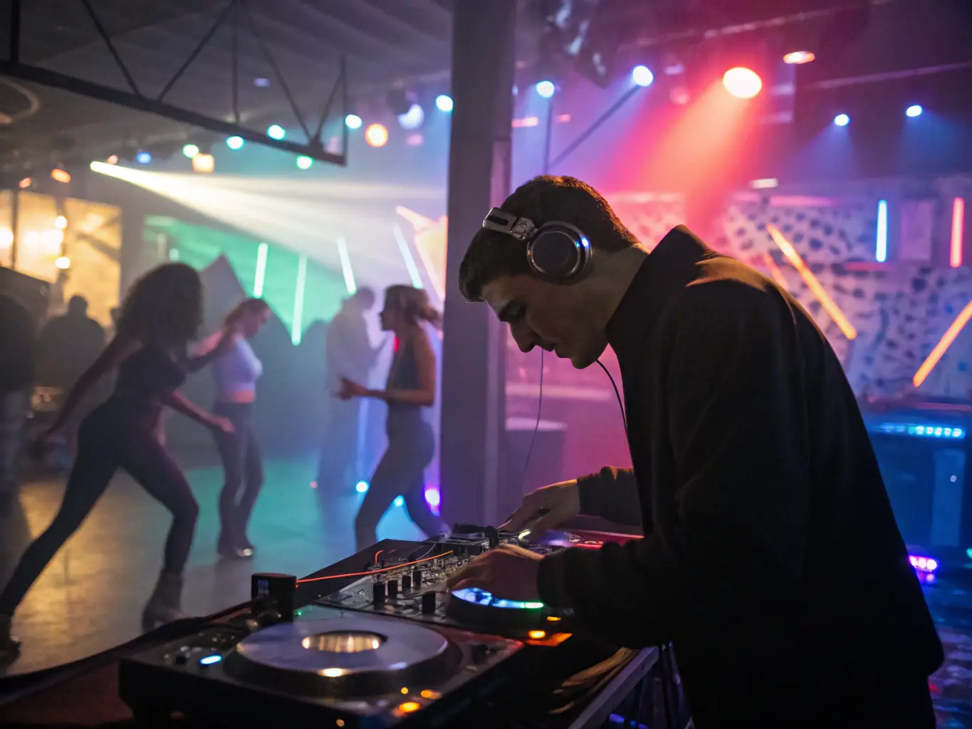 A DJ mixing music at a private party, with friends dancing and enjoying the music.