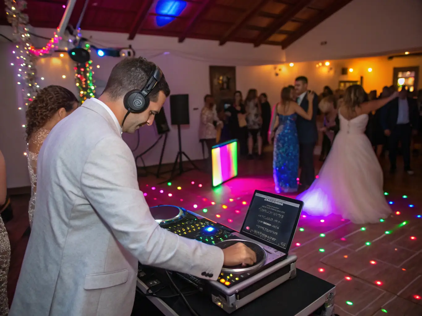 A lively DJ booth with colorful lighting, a DJ mixing music, and a crowd dancing at a wedding event.