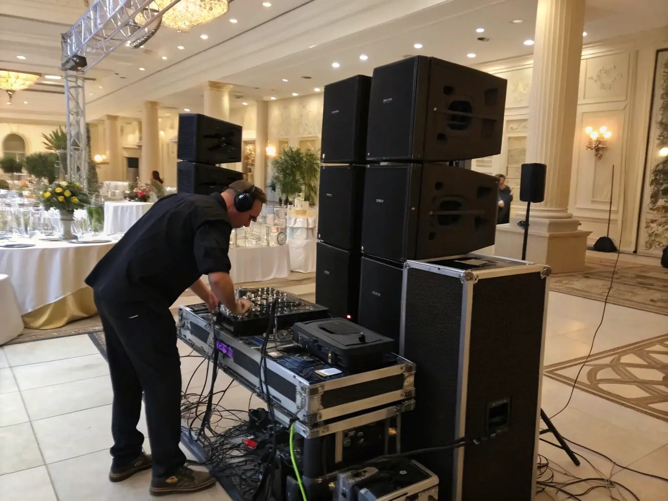 A professional sound system setup at a corporate event, with speakers and microphones in use.