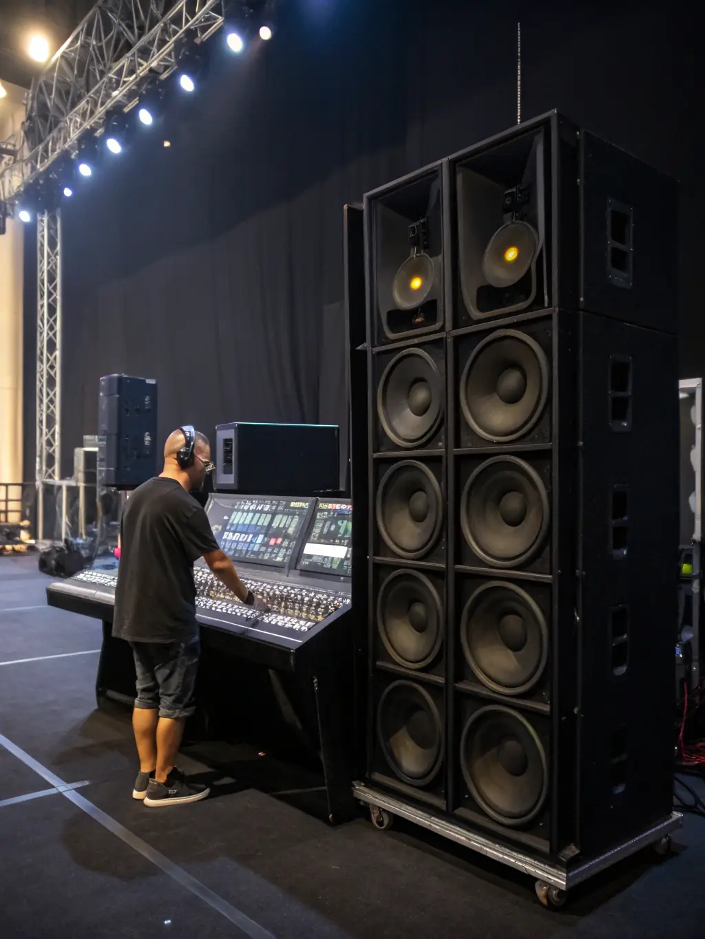 A high-quality image of a professional PA system setup at a corporate conference, featuring clear speakers and microphones on stands.