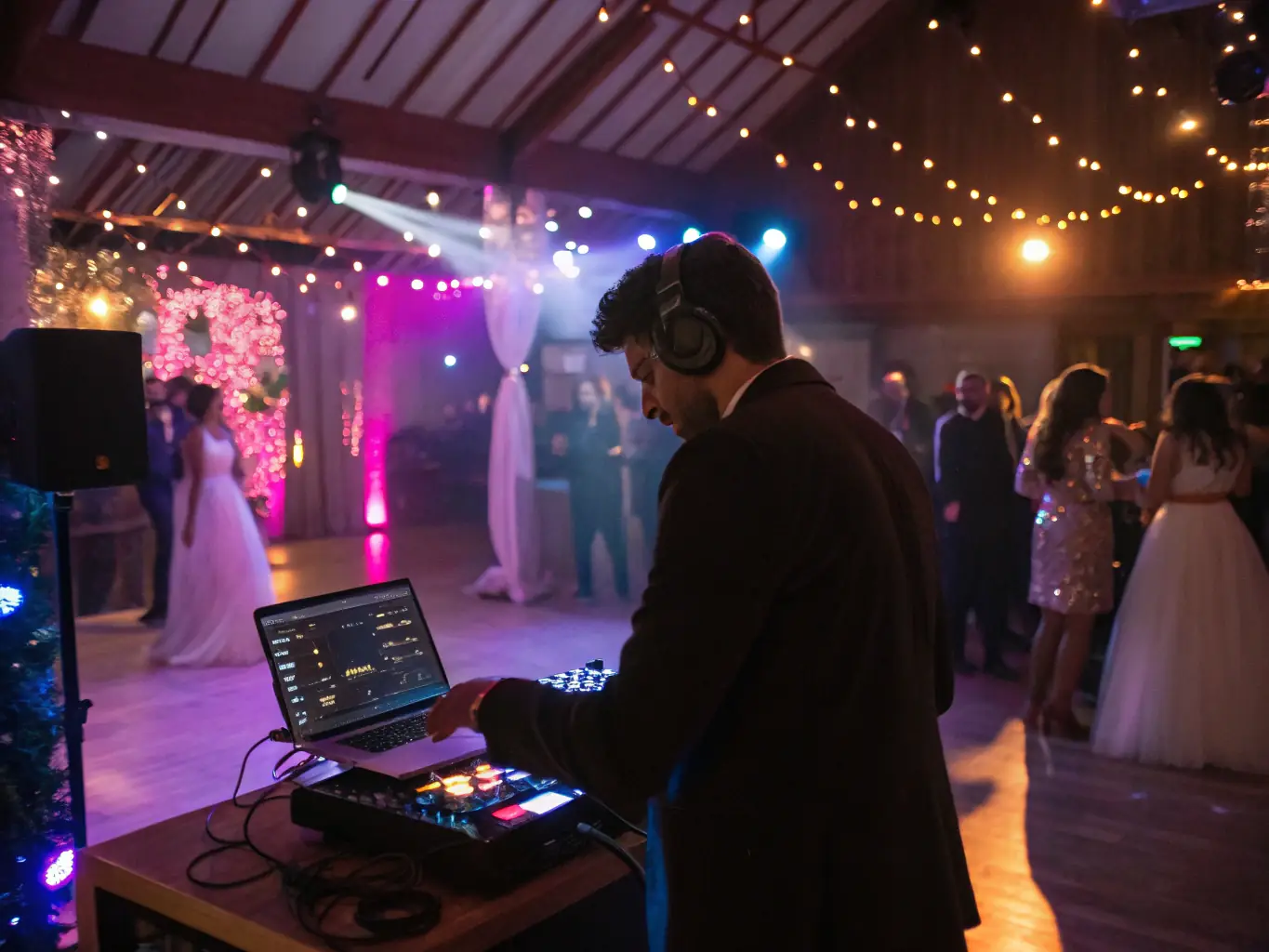 A vibrant wedding reception with a DJ booth set up, featuring a professional DJ mixing music and guests dancing joyfully under colorful lighting.