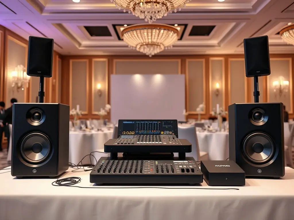 A professional PA system setup with speakers, mixer, and microphones, ideal for a corporate event, showcasing the clarity and coverage of AudioDreams' audio solutions.
