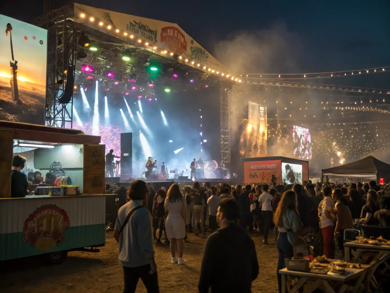 A large PA system setup at an outdoor music festival, demonstrating the power and range of AudioDreams' equipment for large-scale events.